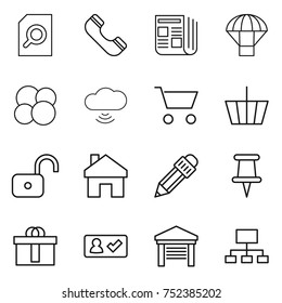 thin line icon set : search document, phone, newspaper, parachute, atom core, cloud wireless, cart, basket, unlock, home, pencil, pin, hi quality package, check in, garage, hierarchy