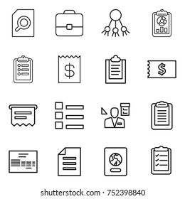 thin line icon set : search document, portfolio, share, report, clipboard, receipt, atm, list, architector, invoice, passport