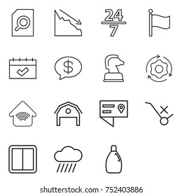 thin line icon set : search document, crisis, 24 7, flag, calendar, money message, chess horse, around gear, wireless home, barn, location details, do not trolley sign, power switch, rain cloud