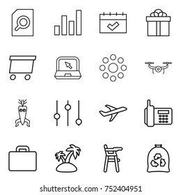 thin line icon set : search document, graph, calendar, gift, delivery, notebook, round around, drone, dna modify, equalizer, plane, phone, suitcase, island, Chair for babies, garbage bag