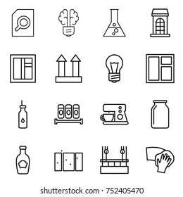 thin line icon set : search document, bulb brain, flask, building, window, cargo top sign, vegetable oil, spices, coffee maker, bank, ketchup, clean, skysrcapers cleaning, wiping