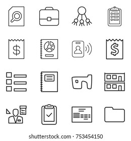 thin line icon set : search document, portfolio, share, clipboard, receipt, annual report, pass card, list, copybook, slum, modular house, architector, check, invoice, documents