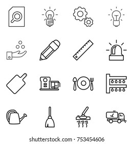 thin line icon set : search document, bulb, gear, chemical industry, pencil, ruler, alarm, cutting board, food processor, fork spoon plate, watering, can, broom, vacuum cleaner, home call cleaning