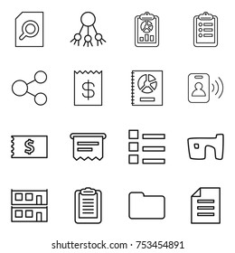 thin line icon set : search document, share, report, clipboard, receipt, annual, pass card, atm, list, slum, modular house, documents
