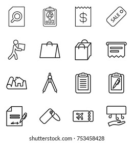 thin line icon set : search document, report, receipt, sale, courier, shopping bag, atm, project, drawing compasses, clipboard, pen, inventory, label, ticket, hand dryer
