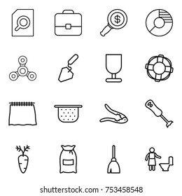 thin line icon set : search document, portfolio, dollar magnifier, circle diagram, spinner, construction, fragile, lifebuoy, curtain, colander, walnut crack, blender, carrot, flour, broom