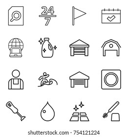 thin line icon set : search document, 24 7, flag, calendar, notebook globe, cleanser, garage, barn, workman, surfer, ring button, blender, drop, clean floor, toilet brush