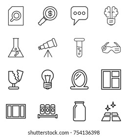 thin line icon set : search document, dollar magnifier, message, bulb brain, flask, telescope, vial, smart glasses, broken, mirror, window, spices, bank, clean floor