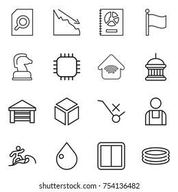 thin line icon set : search document, crisis, annual report, flag, chess horse, chip, wireless home, goverment house, garage, 3d, do not trolley sign, workman, surfer, drop, power switch