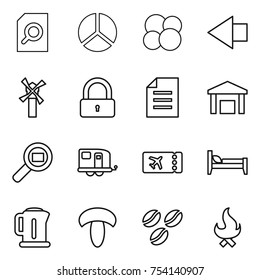 thin line icon set : search document, diagram, atom core, left arrow, windmill, lock, warehouse, cargo, trailer, ticket, bed, kettle, mushroom, coffee seeds, fire