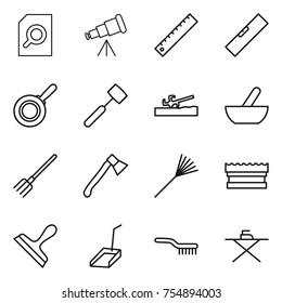 thin line icon set : search document, telescope, ruler, level, pan, meat hammer, soil cutter, mortar, fork, axe, rake, sponge, scraper, scoop, brush, iron board
