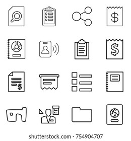 thin line icon set : search document, clipboard, share, receipt, annual report, pass card, account balance, atm, list, copybook, slum, architector, documents, passport