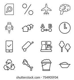 thin line icon set : search document, percent, plane, brain, jet robot, houses, route a to b, clock, mobile checking, suitcase, coffee maker, trees, recycling, blower, foam bucket, basin