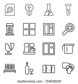 thin line icon set : search document, bulb brain, flask, vial, building, window, cargo, broken, coffee maker, measuring cup, spices, wine, clean, wiping
