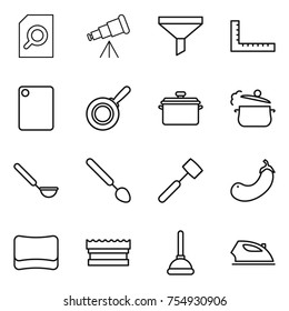 thin line icon set : search document, telescope, funnel, ruler, cutting board, pan, steam, ladle, big spoon, meat hammer, eggplant, sponge, plunger, iron