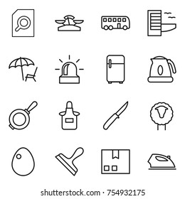 thin line icon set : search document, scales, bus, hotel, lounger, alarm, fridge, kettle, pan, apron, knife, sheep, egg, scraper, package, iron