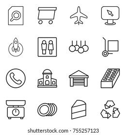 thin line icon set : search document, delivery, plane, monitor arrow, rocket, wc, sale, cargo stoller, phone, mansion, garage, brick, kitchen scales, plates, cake, recycling