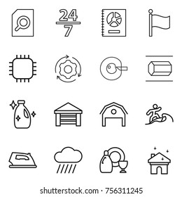 Thin line icon set : search document, 24 7, annual report, flag, chip, around gear, cell corection, nano tube, cleanser, garage, barn, surfer, iron, rain cloud, dish, house cleaning