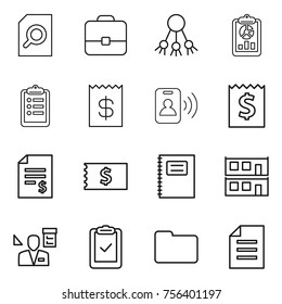 Thin Line Icon Set : Search Document, Portfolio, Share, Report, Clipboard, Receipt, Pass Card, Account Balance, Copybook, Modular House, Architector, Check, Documents