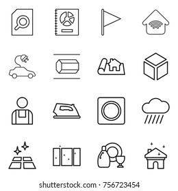 thin line icon set : search document, annual report, flag, wireless home, electric car, nano tube, project, 3d, workman, iron, ring button, rain cloud, clean floor, window, dish cleanser