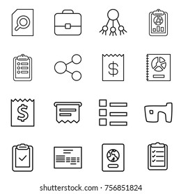 Thin line icon set : search document, portfolio, share, report, clipboard, receipt, annual, atm, list, slum, check, invoice, passport