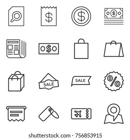 Thin line icon set : search document, receipt, dollar, money, newspaper, shopping bag, sale, percent, atm, label, ticket, map