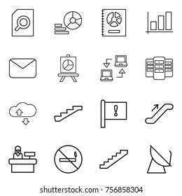 Thin line icon set : search document, diagram, annual report, graph, mail, presentation, notebook connect, server, cloude service, stairs, important flag, escalator, reception, no smoking