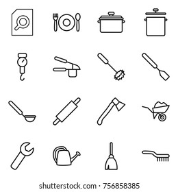Thin line icon set : search document, cafe, pan, handle scales, garlic clasp, whisk, spatula, ladle, rolling pin, axe, wheelbarrow, wrench, watering can, broom, brush