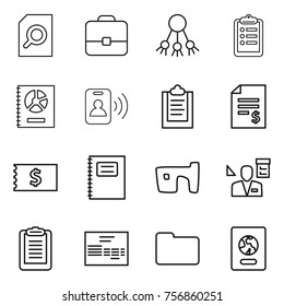 Thin line icon set : search document, portfolio, share, clipboard, annual report, pass card, account balance, receipt, copybook, slum, architector, invoice, documents, passport