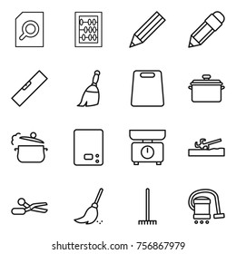 Thin line icon set : search document, abacus, pencil, level, broom, cutting board, pan, steam, kitchen scales, soil cutter, scissors, rake, vacuum cleaner