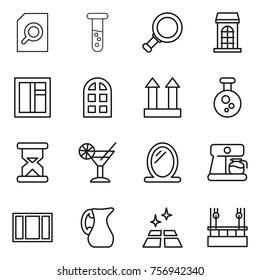 Thin line icon set : search document, vial, magnifier, building, window, arch, cargo top sign, chemical, sand clock, cocktail, mirror, coffee maker, jug, clean floor, skysrcraper cleaning