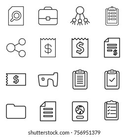Thin line icon set : search document, portfolio, share, clipboard, receipt, account balance, slum, check, documents, passport, list