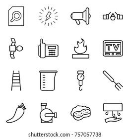 Thin line icon set : search document, lightning, megafon, drawbridge, satellite, phone, flammable, tv, stairs, measuring cup, handle scales, big fork, hot pepper, water pump, sponge with foam