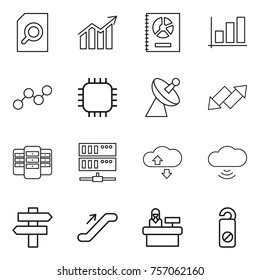 Thin line icon set : search document, diagram, annual report, graph, chip, satellite antenna, up down arrow, server, cloude service, cloud wireless, singlepost, escalator, reception, do not distrub