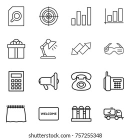 Thin line icon set : search document, target, graph, gift, table lamp, up down arrow, smart glasses, calculator, megafon, phone, curtain, welcome mat, grain elevator, home call cleaning