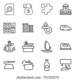 Thin line icon set : search document, money gift, puzzle, mansion, modular house, district, trip, car shipping, anchor, reception, windsurfing, iron, cutting board, steam pan, ketchup, hand dryer