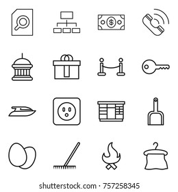 Thin line icon set : search document, hierarchy, money, call, goverment house, hi quality package, vip fence, key, yacht, power socket, wardrobe, scoop, eggs, rake, fire, hanger