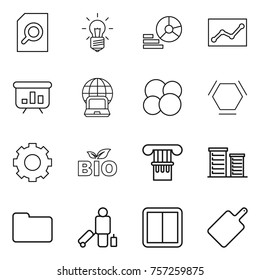 Thin line icon set : search document, bulb, diagram, statistics, presentation, notebook globe, atom core, hex molecule, gear, bio, column, district, documents, passenger, power switch, cutting board