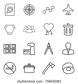 Thin line icon set : search document, target, graph, plane, hex molecule, group, cardio chip, bin, panel house, factory, drawing compasses, client, no smoking, pan, axe, soap