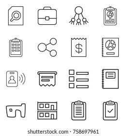 Thin line icon set : search document, portfolio, share, report, clipboard, receipt, annual, pass card, atm, list, copybook, slum, modular house, check