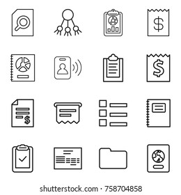 Thin line icon set : search document, share, report, receipt, annual, pass card, clipboard, account balance, atm, list, copybook, check, invoice, documents, passport