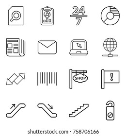 Thin line icon set : search document, report, 24 7, circle diagram, newspaper, mail, notebook, globe connect, up down arrow, bar code, shop signboard, important flag, escalator, stairs