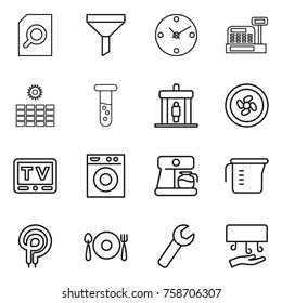 Thin line icon set : search document, funnel, clock, cash box, sun power, vial, detector, cooler fan, tv, washing machine, coffee maker, measuring cup, elecric oven, fork spoon plate, wrench