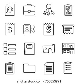 Thin line icon set : search document, portfolio, share, report, receipt, pass card, atm, list, copybook, slum, modular house, clipboard, documents