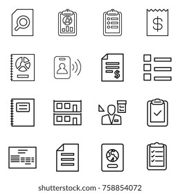 Thin line icon set : search document, report, clipboard, receipt, annual, pass card, account balance, list, copybook, modular house, architector, check, invoice, passport