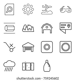 Thin line icon set : search document, round around, weather management, smart glasses, nano tube, project, barn, location details, do not trolley sign, garage, ring button, rain cloud, clean window