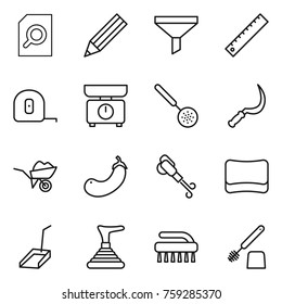 Thin line icon set : search document, pencil, funnel, ruler, measuring tape, kitchen scales, skimmer, sickle, wheelbarrow, eggplant, blower, sponge, scoop, plunger, brush, toilet