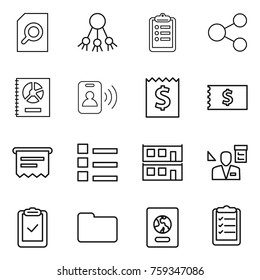 Thin line icon set : search document, share, clipboard, annual report, pass card, receipt, atm, list, modular house, architector, check, documents, passport