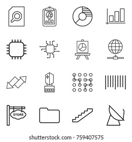 Thin line icon set : search document, report, circle diagram, graph, chip, presentation, globe connect, up down arrow, crystall memory, bar code, store signboard, documents, stairs