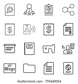 Thin line icon set : search document, share, report, receipt, pass card, account balance, atm, copybook, slum, architector, invoice, documents, passport